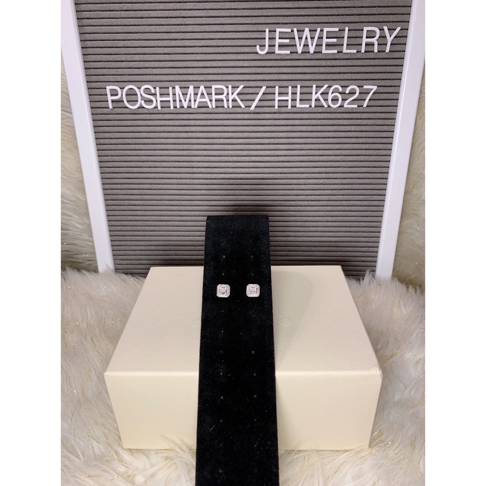 Diamond Square Halo Stud Earrings .925 Sterling